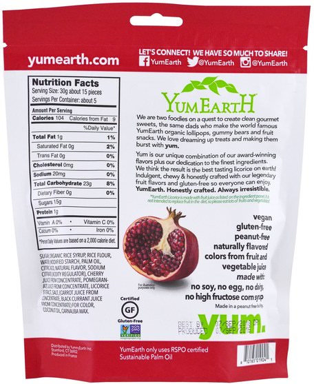 食物，甘草，小吃，糖果 - YumEarth, Soft Eating Gluten Free Pomegranate Licorice + Yum, 5 oz (140 g)