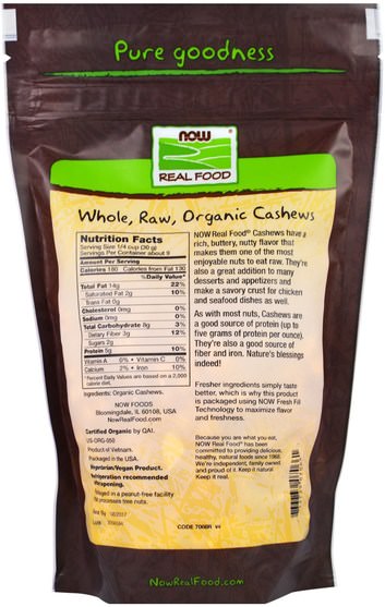 食物，堅果種子穀物，腰果 - Now Foods, Real Food, Organic Whole, Raw Cashews, Unsalted, 10 oz (284 g)
