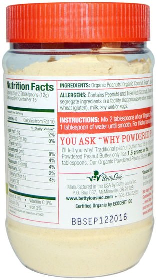 食物，花生醬 - Betty Lous, Just Great Stuff, Powdered Organic Peanut Butter, The Original, 6.35 oz (180 g)