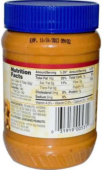 食物，花生醬 - Fifty 50, Low Glycemic Peanut Butter, Crunchy, 18 oz (510 g)