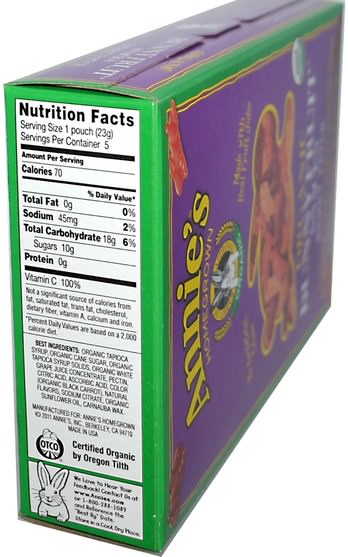 食物，小吃，糖果 - Annies Homegrown, Organic Bunny Fruit Snacks, Berry Patch, 5 Pouches, 0.8 oz (23 g) Each