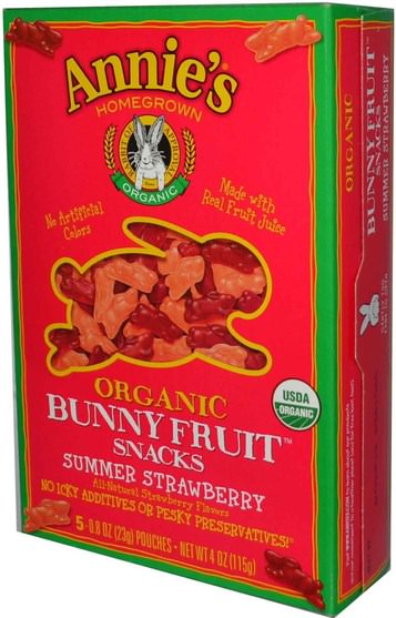 食物，小吃，糖果 - Annies Homegrown, Organic Bunny Fruit Snacks, Summer Strawberry, 4 oz (115 g)