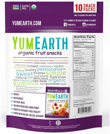 食物，小吃，糖果，水果小吃 - YumEarth, Organic Fruit Snacks, Original, 10 Packs, 0.7 oz (19.8 g) Each