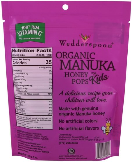 食物，小吃，糖果 - Wedderspoon, Organic Manuka Honey Pops For Kids, Grape, 24 Count, 4.15 oz
