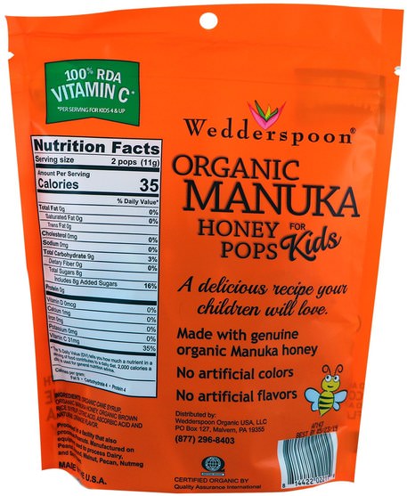 食物，小吃，糖果 - Wedderspoon, Organic Manuka Honey Pops for Kids, Orange, 24 Count, 4.15 oz