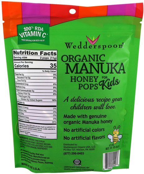 食物，小吃，糖果 - Wedderspoon, Organic Manuka Honey Pops For Kids, Orange, Grape & Raspberry, 24 Count, 4.15 oz