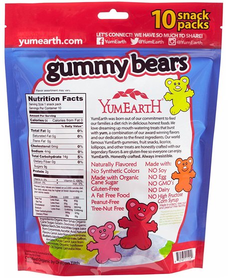 食物，小吃，糖果 - YumEarth, Gummy Bears, Assorted Flavors, 10 Snack Packs, 25.5 g Each