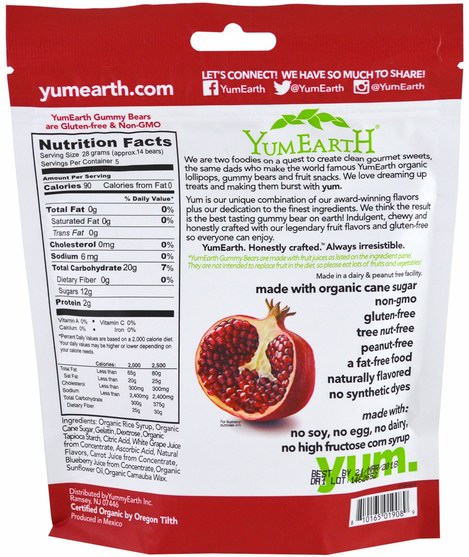 食物，小吃，糖果 - YumEarth, Gummy Bears, Pomegranate + Yum, 5 oz (140 g)