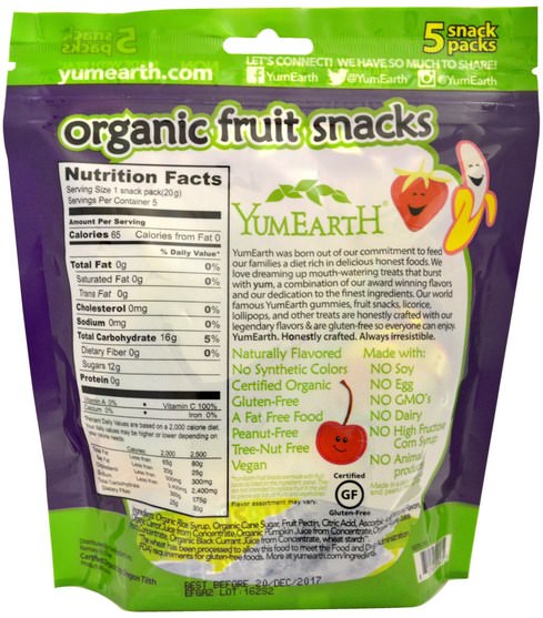 食物，小吃，糖果 - YumEarth, Organic Fruit Snacks, Banana, Cherry, Peach & Strawberry, 5 Packs, 0.70 oz (20 g) Each