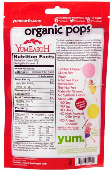 食物，小吃，糖果 - YumEarth, Organic Pops, Assorted Flavors, 14 Lollipops, 3 oz (85 g)
