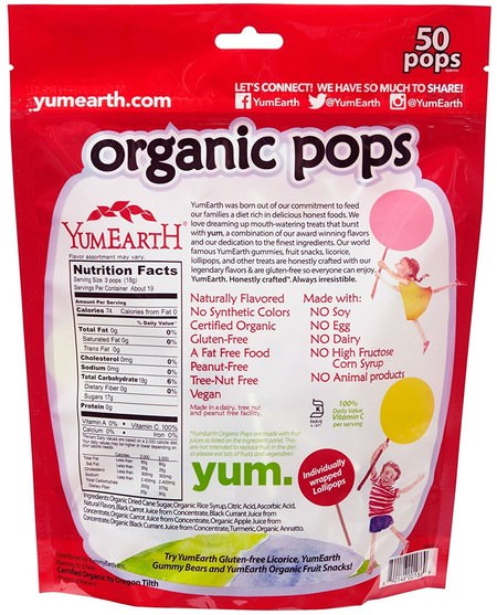 食物，小吃，糖果 - YumEarth, Organic Pops, Assorted Flavors, 50 Pops, 12.3 oz (349 g)