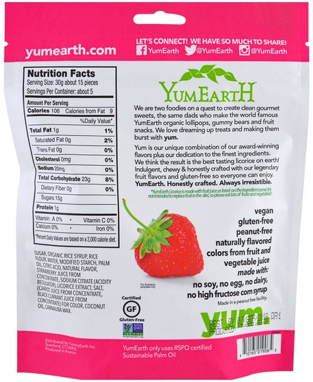 食物，小吃，糖果 - YumEarth, Soft Eating Gluten-Free Strawberry Licorice + Yum, 5 oz (142 g)
