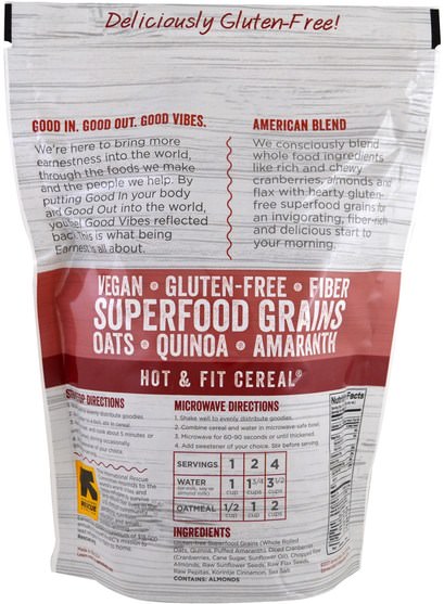 食品，零食，食品，燕麥燕麥片 - Earnest Eats, Superfood Oatmeal, Cranberry + Almond + Flax, 12.6 oz (357 g)