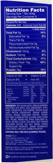 食物，小吃，健康零食，酒吧 - ThinkThin, Protein & Superfruit, Blueberry Beet Acai, 9 Bars, 2.22 oz (63 g) Each