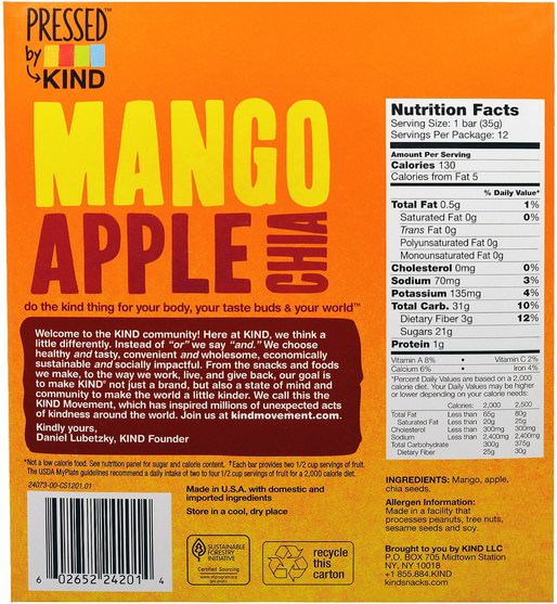 食物，零食，健康零食 - KIND Bars, Pressed by KIND, Mango, Apple & Chia, 12 Fruit Bars - 1.2 oz (35 g)