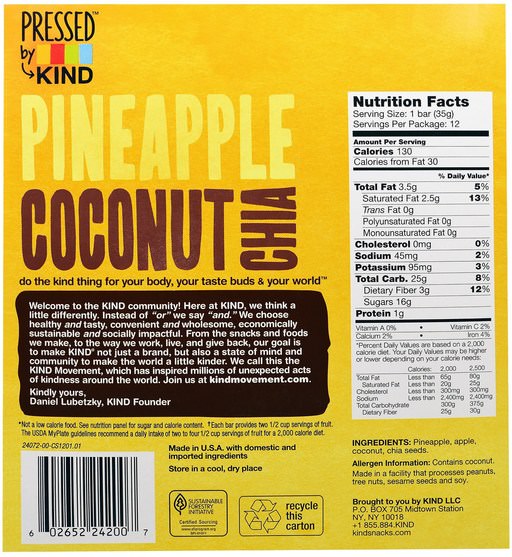 食物，零食，健康零食 - KIND Bars, Pressed by KIND, Pineapple, Coconut & Chia, 12 Fruit Bars - 1.2 oz (35 g) Each