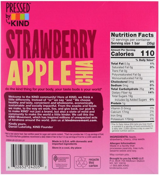 食物，零食，健康零食 - KIND Bars, Pressed by KIND, Strawberry Apple Chia, 12 Fruit Bars, 1.2 oz (35 g) Each