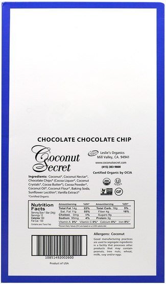 食物，零食，健康零食，補品，營養棒 - Coconut Secret, Organic Chocolate Chocolate Chip Ungranola Bar, 12 Bars, 1.2 oz (34 g) Each