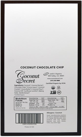 食物，零食，健康零食，補品，營養棒 - Coconut Secret, Organic Coconut Chocolate Chip Ungranola Bar, 12 Bars, 1.2 oz (34 g) Each