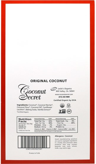 食物，零食，健康零食，補品，營養棒 - Coconut Secret, Organic Original Coconut Ungranola Bar, 12 Bars, 1.2 oz (34 g) Each