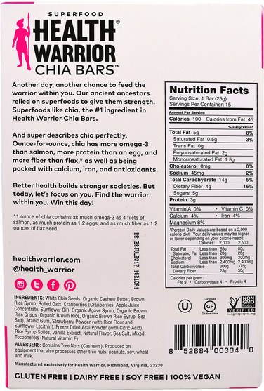 食物，零食，健康零食，補品，營養棒 - Health Warrior, Chia Bars, Acai Berry, 15 Bars, 13.2 oz (375 g)