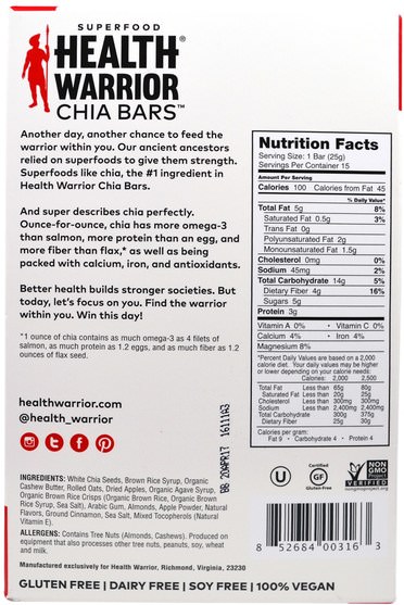 食物，零食，健康零食，補品，營養棒 - Health Warrior, Chia Bars, Apple Cinnamon, 15 Bars - (25 g) Each