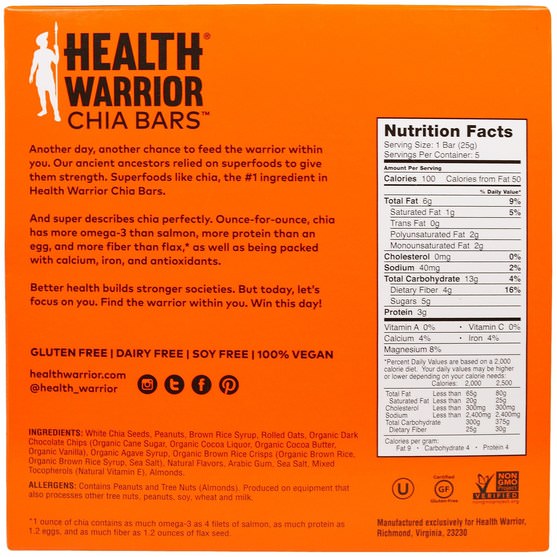食物，零食，健康零食，補品，營養棒 - Health Warrior, Superfood Chia Bars, Chocolate Peanut Butter, 5 Bars, 0.88 oz (25 g) Each