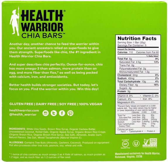 食物，零食，健康零食，補品，營養棒 - Health Warrior, Superfood Chia Bars, Coconut, 5 Bars, 0.88 oz (25 g)