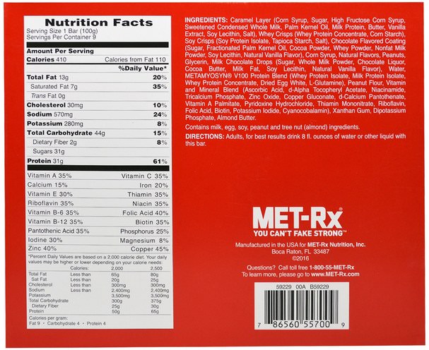 食物，零食，健康零食，補品，營養棒 - MET-Rx, Big 100 Colossal, Meal Replacement Bar, Peanut Butter Caramel Crunch, 9 Bars, 3.52 oz (100 g) Each
