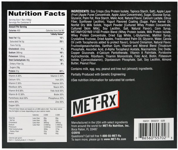 食物，零食，健康零食，補品，營養棒 - MET-Rx, Big 100, Meal Replacement Bar, Crispy Apple Pie, 9 Bars, 3.52 oz (100 g) Each