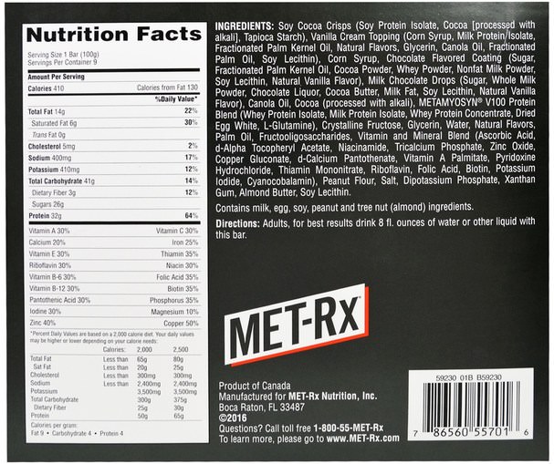 食物，零食，健康零食，補品，營養棒 - MET-Rx, Big 100, Meal Replacement Bar, Super Cookie Crunch, 9 Bars, 3.52 oz (100 g) Each