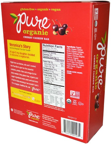 食物，零食，健康零食，補品，營養棒 - Pure Bar, Organic Cherry Cashew, 12 Bars, 1.7 oz (48 g) Each