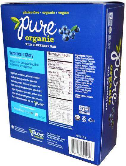 食物，零食，健康零食，補品，營養棒 - Pure Bar, Organic Wild Blueberry, 12 Bars, 1.7 oz (48 g) Each