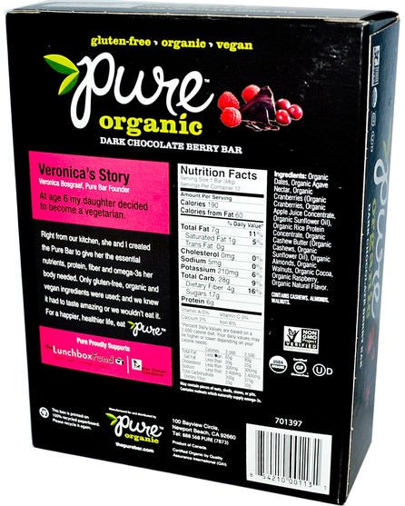 食物，零食，健康零食，補品，營養棒 - Pure Bar, Pure Organic Dark Chocolate Berry Bar, 12 Bars, 1.7 oz (48 g) Each