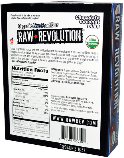 食物，零食，健康零食，補品，營養棒 - Raw Revolution, Organic Live Food Bar, Chocolate Coconut Bliss, 12 Bars, 1.8 oz (51 g) Each
