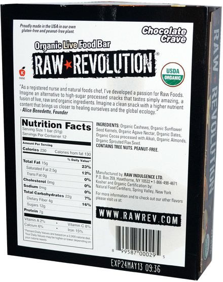 食物，零食，健康零食，補品，營養棒 - Raw Revolution, Organic Live Food Bar, Chocolate Crave, 12 Bars, 1.8 oz (51 g) Each