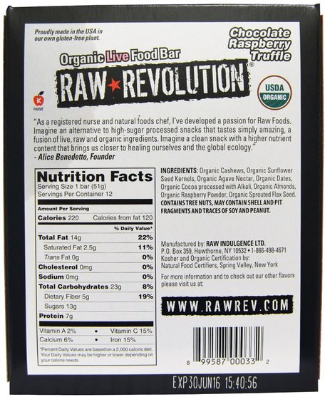食物，零食，健康零食，補品，營養棒 - Raw Revolution, Organic Live Food Bar, Chocolate Raspberry Truffle, 12 Bars, 1.8 oz (51 g) Each