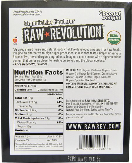 食物，零食，健康零食，補品，營養棒 - Raw Revolution, Organic Live Food Bar, Coconut Delight, 12 Bars, 1.8 oz (51 g) Each