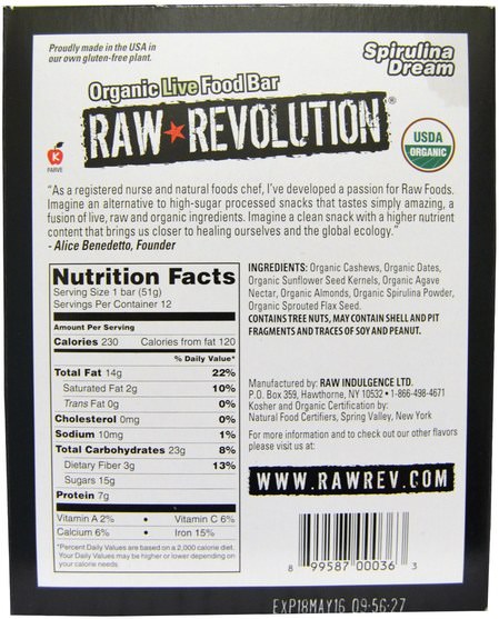 食物，零食，健康零食，補品，營養棒 - Raw Revolution, Organic Live Food Bar, Spirulina Dream, 12 Bars, 1.8 oz (51 g) Each