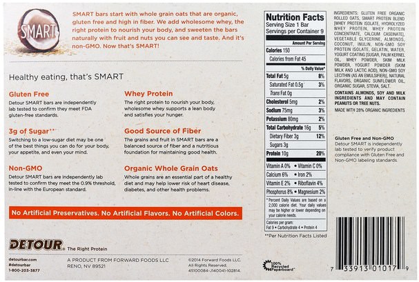 食物，零食，蛋白質棒 - Detour, Gluten Free Oatmeal Bar, Coconut Almond, 9 Bars, 1.3 oz (38 g) Each