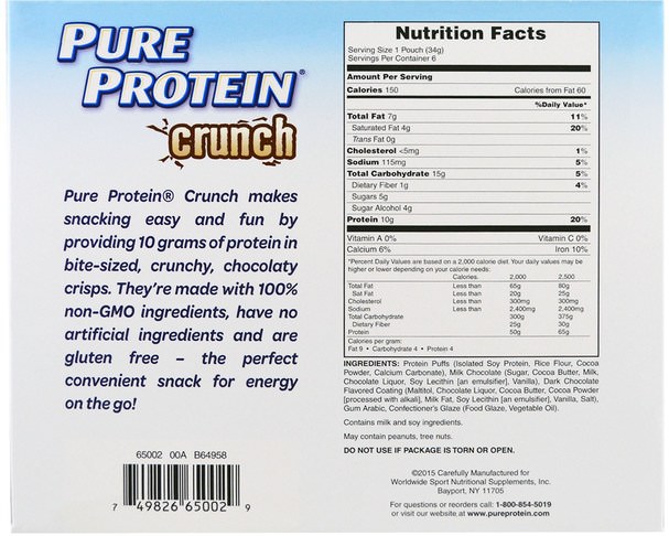 食物，零食，蛋白質 - Pure Protein, Crunch, Crispy Protein Bites, Double Chocolate, 6 Individually Wrapped Pouches, 1.20 oz (34 g ) Each