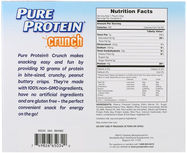 食物，零食，蛋白質 - Pure Protein, Crunch, Peanut Butter Bites, 6 Individually Wrapped Pouches, 1.20 oz (34 g) Each