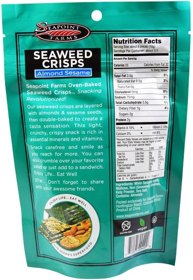 食物，小吃 - Seapoint Farms, Seaweed Crisps, Almond Sesame, 1.2 oz (35 g)