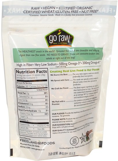 食品，小吃，零食混合物，補品，亞麻籽 - Go Raw, Organic Flax Snax, Simple-Nothing Added!, 3 oz (85 g)