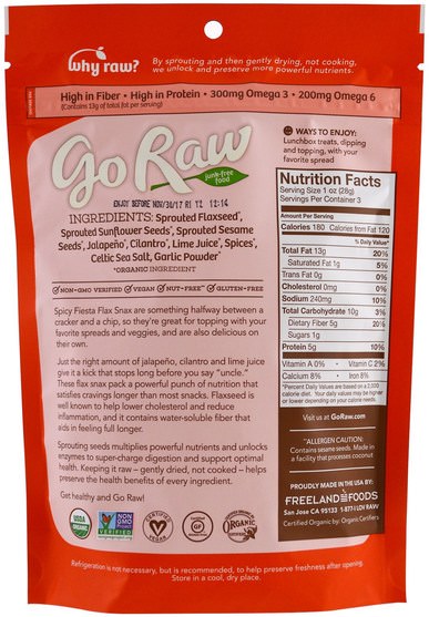 食品，小吃，零食混合物，補品，亞麻籽 - Go Raw, Organic Sprouted Flax Snax, Spicy Fiesta, 3 oz (85 g)