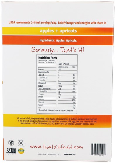 食物，零食，補品 - Thats It, Fruit Bars, Apples + Apricots, 12 Bars, 1.2 oz (420 g) Each