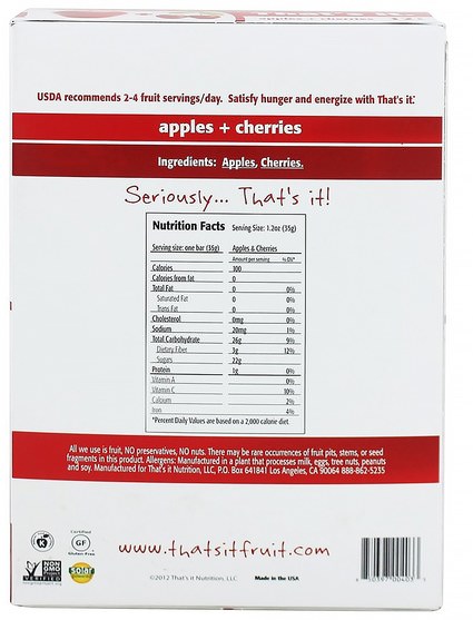 食物，零食，補品 - Thats It, Fruit Bars, Apples + Cherries, 12 Bars, 1.2 oz (420 g) Each