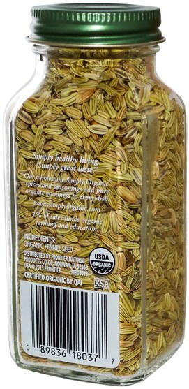 食品，香料和調料，茴香香料 - Simply Organic Fennel Seeds, 1.90 oz (54 g)
