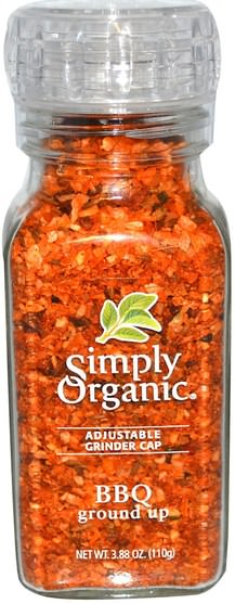食物，香料和調味料 - Simply Organic Adjustable Grinder Cap, BBQ Ground Up, 3.88 oz (110 g)