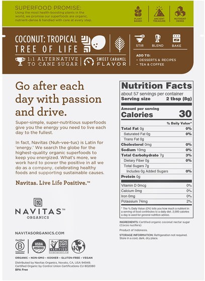 食物，甜味劑，椰子糖晶體 - Navitas Organics, Organic Coconut Palm Sugar, 16 oz (454 g)